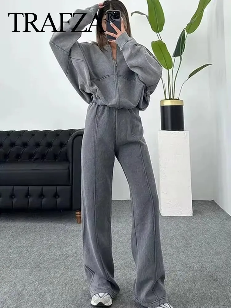 HH Women Solid Pant Sets Zipper Long Sleeve Coat Bomber Jacket Drawstring Trousers Autumn Winter Casual Office Lady Suits