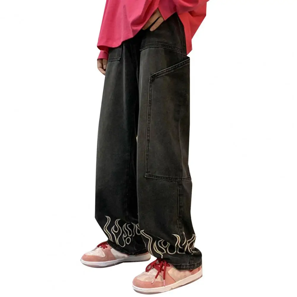 

Men Elastic Waist Jeans Flame Pattern Denim Trousers with Big Pockets for Men Straight Leg Jeans with Distressing Design High