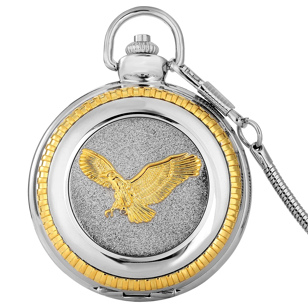 

Ladies Roman Numerals Display Vintage Quartz Fob Chain Pocket Watch Silver Gold Flying Eagle Design Luxury Antique Clock for Men