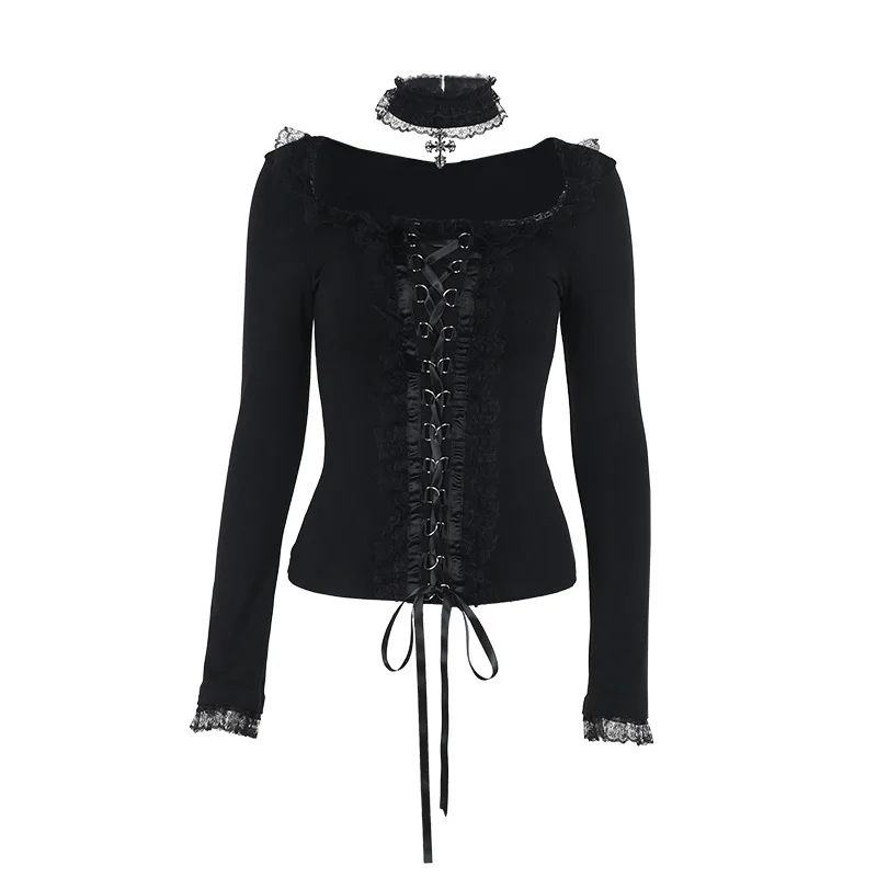 Goth Black Lace Trim Long Sleeve T-Shirts Vintage Sexy Lace-up Square Collar Tops with Choker Cross Women Autumn Tees 5