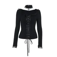 Goth Black Lace Trim Long Sleeve T-Shirts Vintage Sexy Lace-up Square Collar Tops with Choker Cross Women Autumn Tees - Image 5