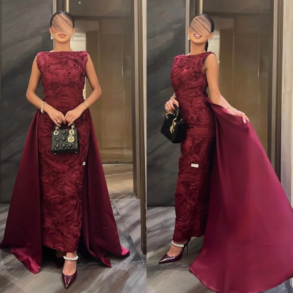 

Prom Dress Exquisite Bateall Sheath Sweep Gown Fold Layered Draped Hugging Satin Customized Saudi Arabia