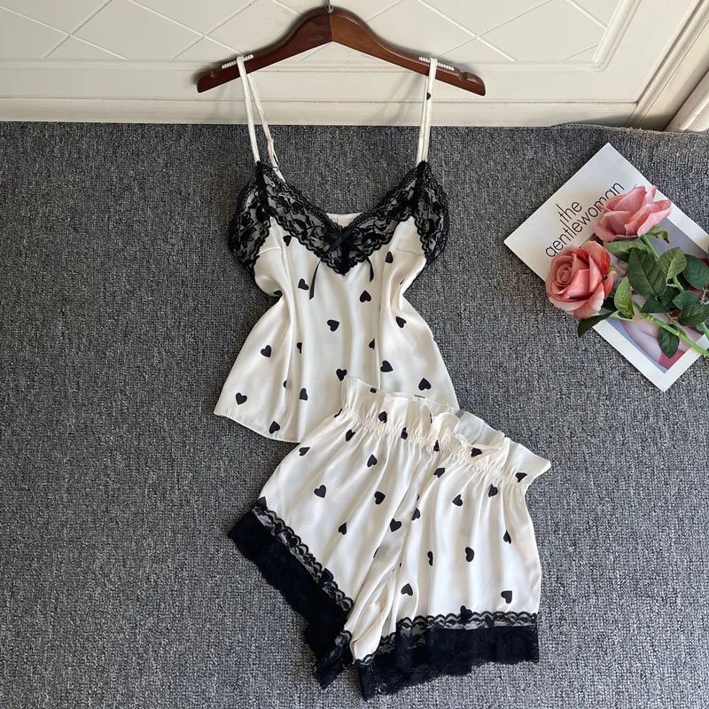 

FZSLCYIYI Women's Sleepwear Sexy Lace Trim Printed Satin Pajama Sets Nightwear Sleeveless Tops+Shorts 2 Pcs Sets Pijama