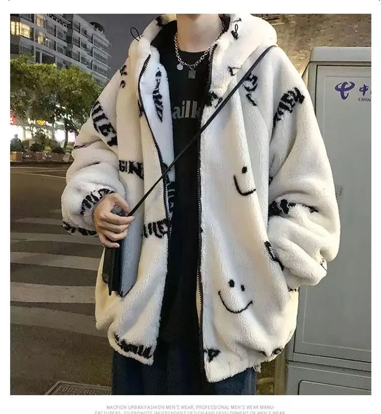 

2023 New Autumn and Winter Thickened Student Youth Couple Hooded Smiling Face Loose and Handsome Fashion Coat Cotton Coat