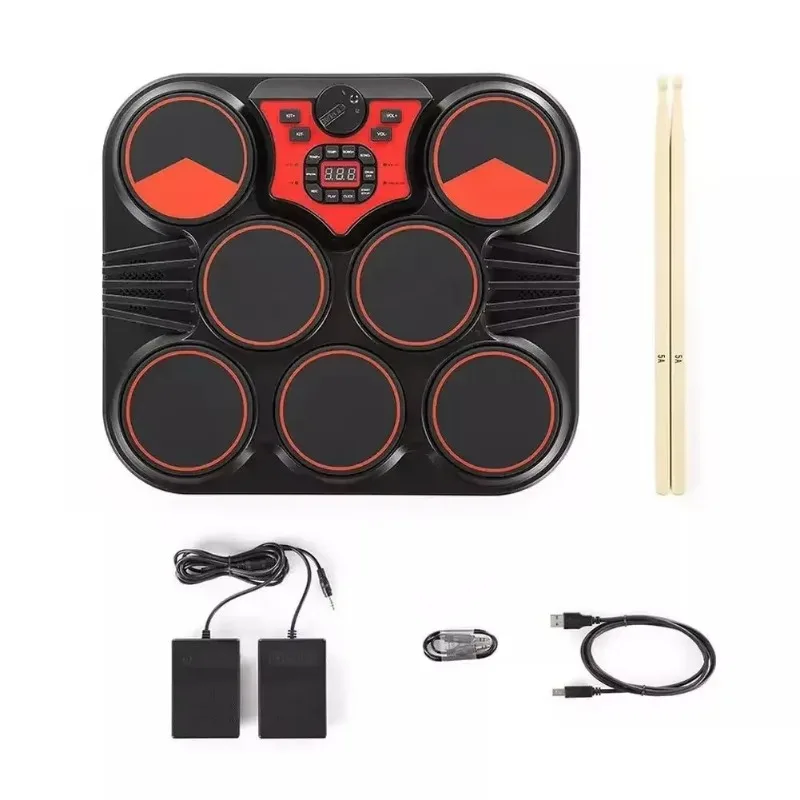 Multifunction Portable Electronic Drum Set 7 Velocity-Sensitive Pads Tabletop Drum Practice Drum Support Recording Audio Input
