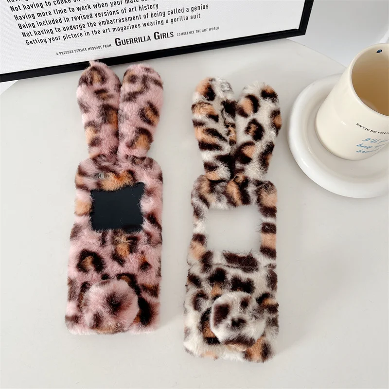 Leopard Panther 3D Big Ears Rabbit Flanella Fur Winter Warm Custodia Antiurto Per Samsung Galaxy Z Flip 5 4 3 Cover Posteriore