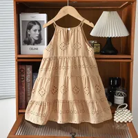 Robe coréenne pour filles 2026, couleur unie, dentelle ajourée, bretelles, en coton uni, vêtements d'été pour filles 3