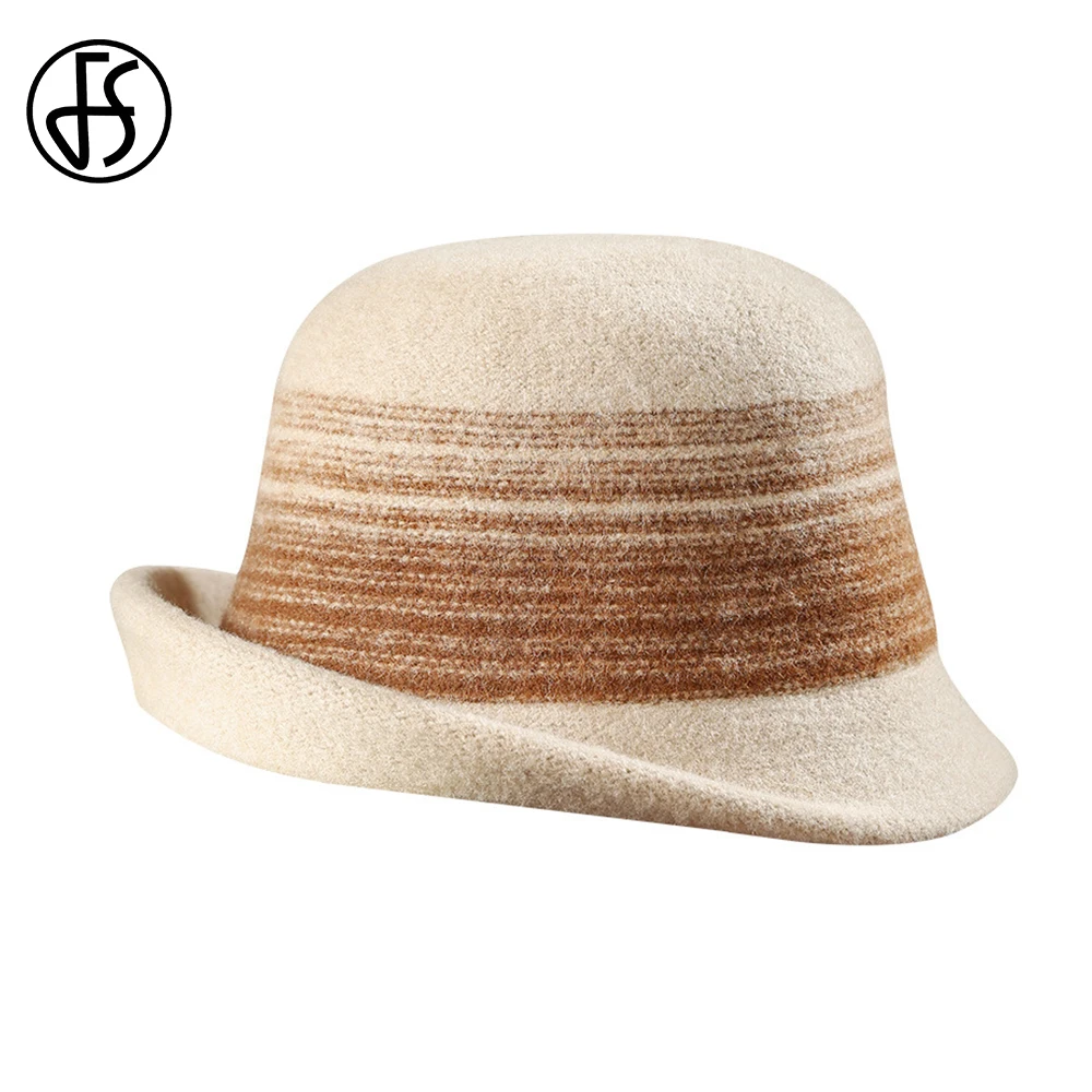 

FS Fashion Elegant Beige Bucket Hats For Women Outdoor Party Purple Cap Ladies 2023 Autumn Winter Warm Khaki Wool Felt Fedoras