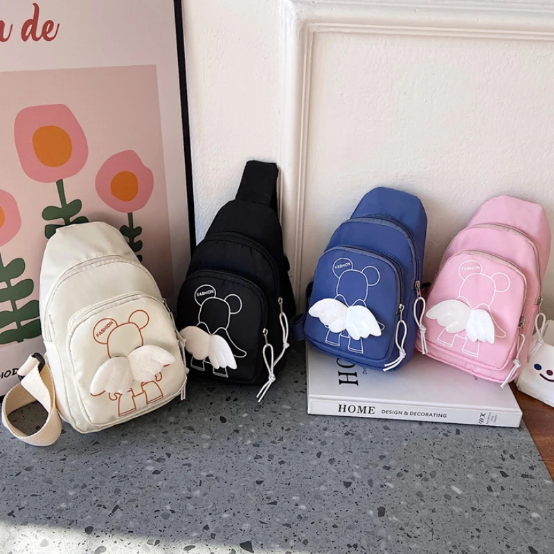 Japanese Cute Simple Wings Little Bear Chest Bags Female New Solid Color Student Shoulder Mobile Phone Bag All-match