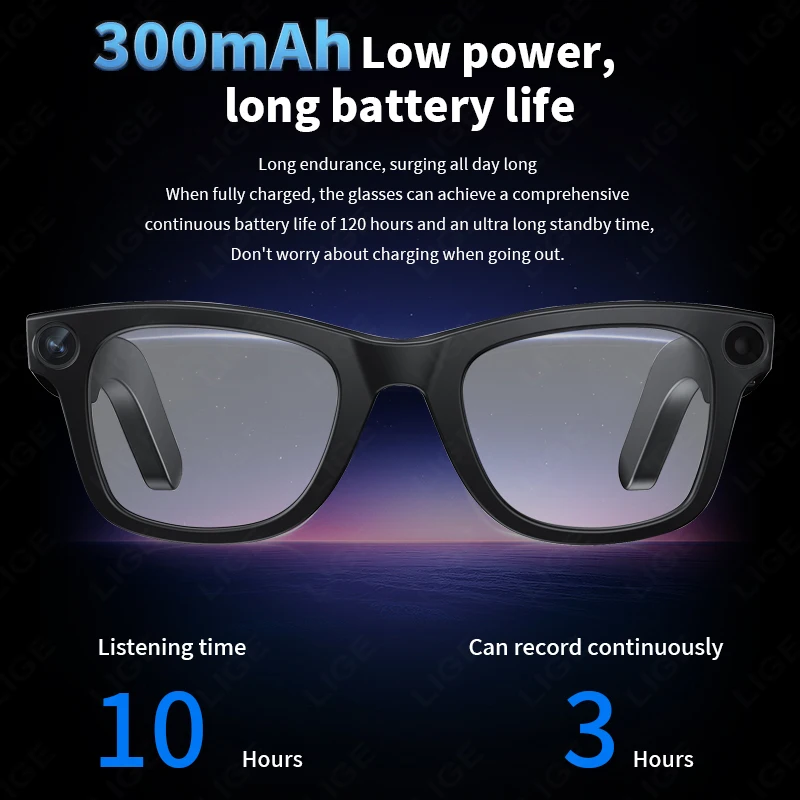 LIGE New Camera Smart Glasses 800W Camera Recording Anti Blue Light AI Recognition Translation Sunglasses Lenses 300mAh Battery