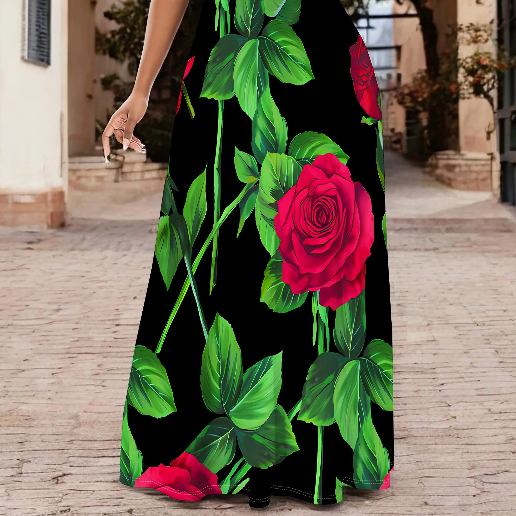 Pullover Sexy Hals Kurzarm Lose Lange Kleid für Frauen Mode Gedruckt Sommer Strand Party Casual Maxi Kleider – Detail 8