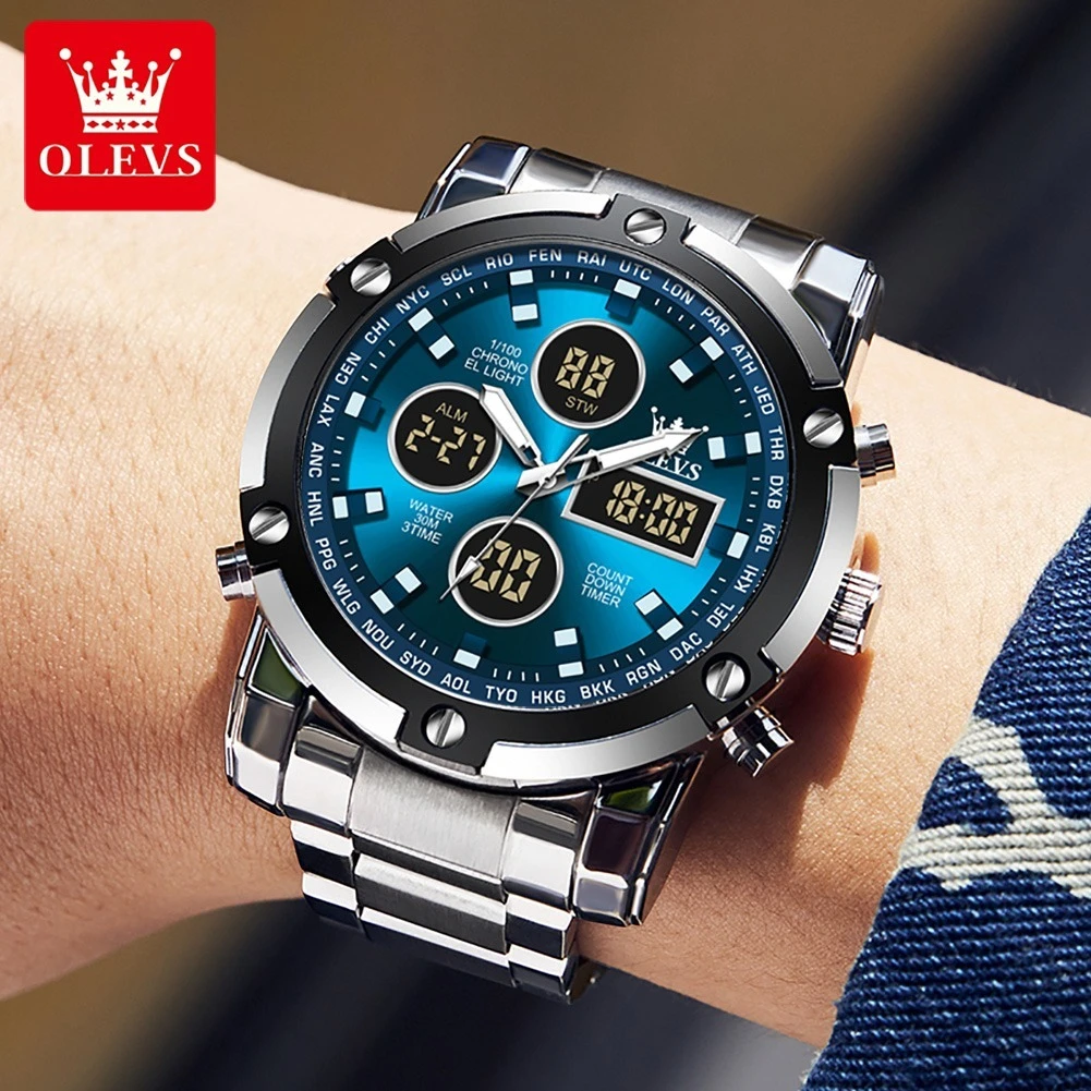 OLEVS 1106 Sport Digital Watch Gift Stainless Steel Watchband Round-dial Wristwatch Week Display Calendar Luminous Alarm 6