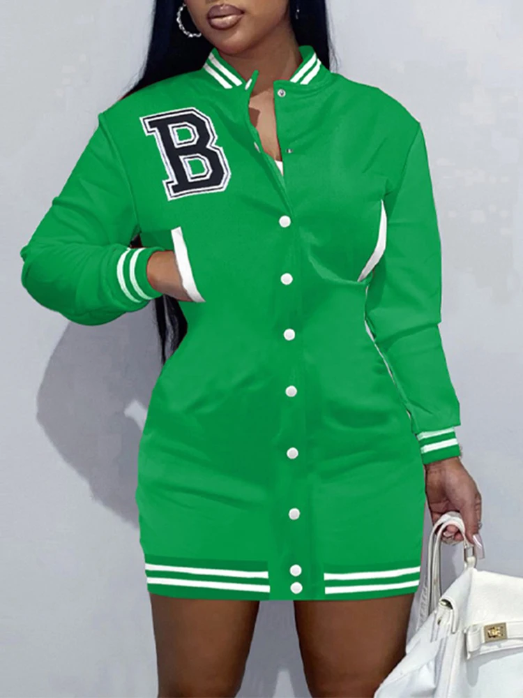 

2022 Autumn Dresses For Women Letter Patch Baseball Collar Button Front Casual Dress Y2k Vestidos De Mujer Casual Elegant Mini