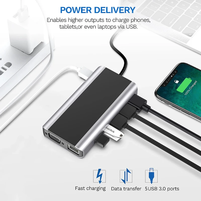 USB C Hub 4K HD Wireless Charger Multiport Adapter PD Type-C Docking Station VGA RJ45 TF SD Card Reader for Macbook 14 in1