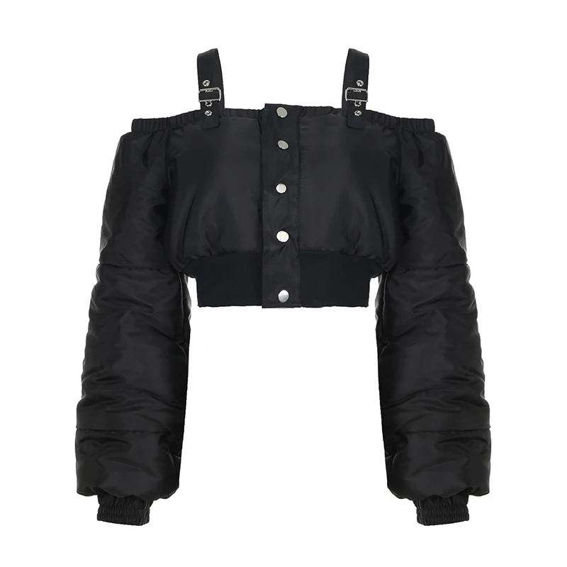 BIIKPIIK Off Shoulder Puffer For Women Streetwear Button Wadded Jacket Casual Autumn Winter Warm Coat Fashion Unique Outfit Sexy