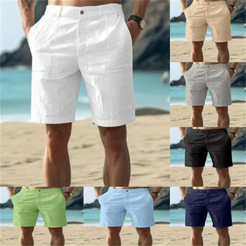2025 Men's Solid Color Casual Short Pants Linen Beach Breathable Comfortable Straight Short Trousers Hawaiian Holiday Men'S Pant 1