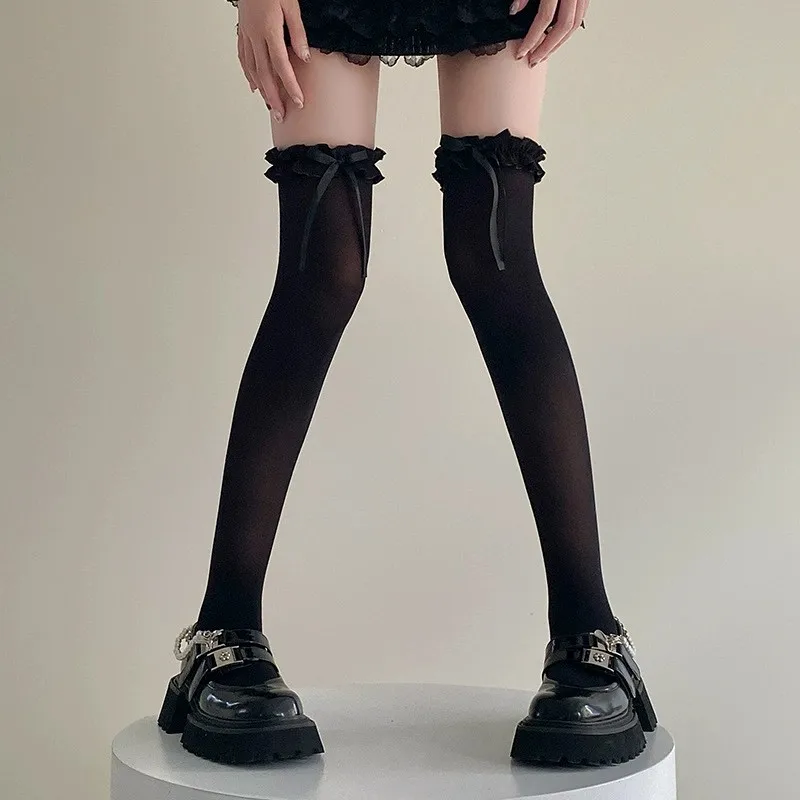 1/3 Pairs Women Ballet Style Long Socks Lolita Jk Lace Bow - Image 2