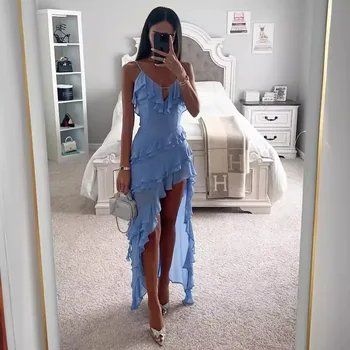 Summer Hot  Sexy Camisole Fashion Asymmetric Irregular Solid Color V-neck Dress Formal Tie Holiday Beach Dress 1