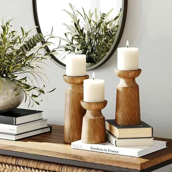Natural Wooden Candlesticks Holders 3 PCS 1