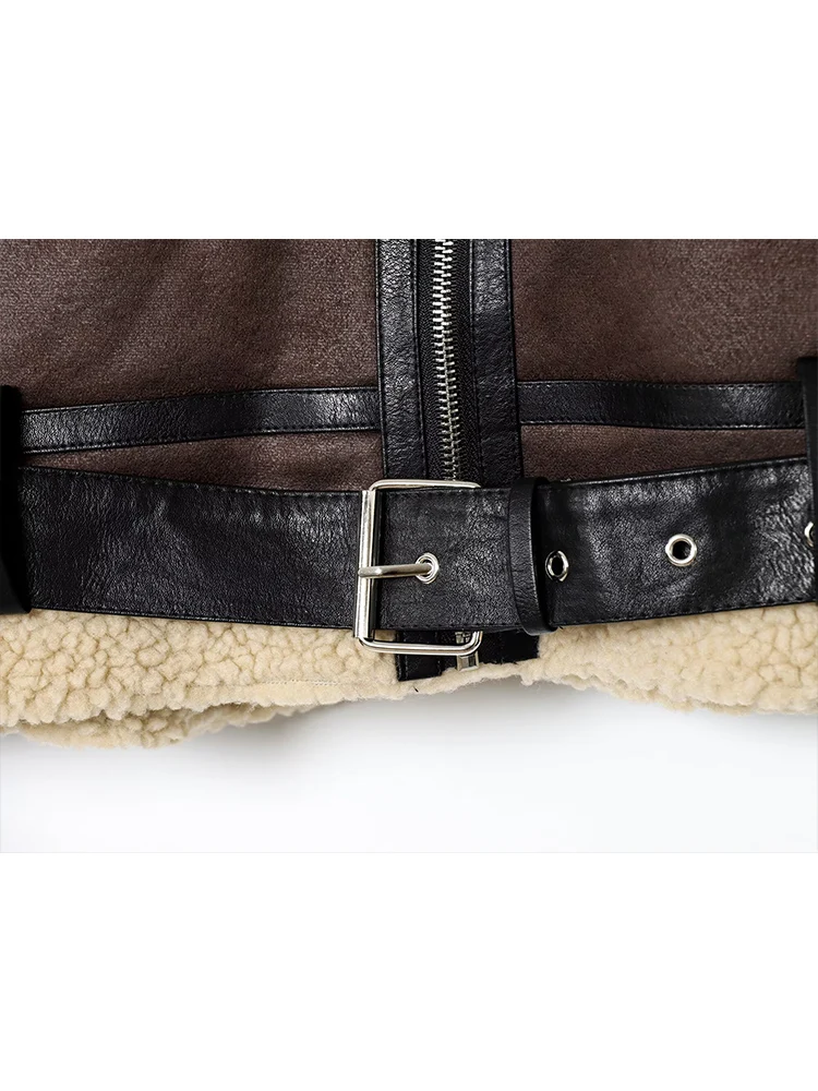 TFMLN Women Faux Lamb Leather Fur Short Jacket With Belt New Chic Short Thick Warm Zipper Pocket Street Winter Ladies Outwear