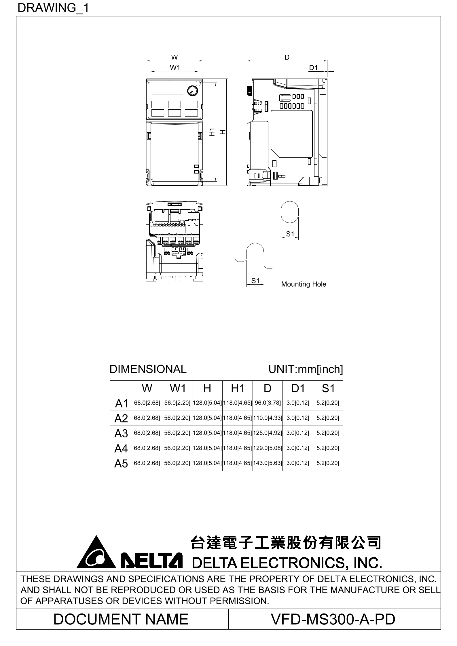 델타 인버터 VFD11AMS21ANSAA 1P230V.1.1kW, IP20, 내장 브레..