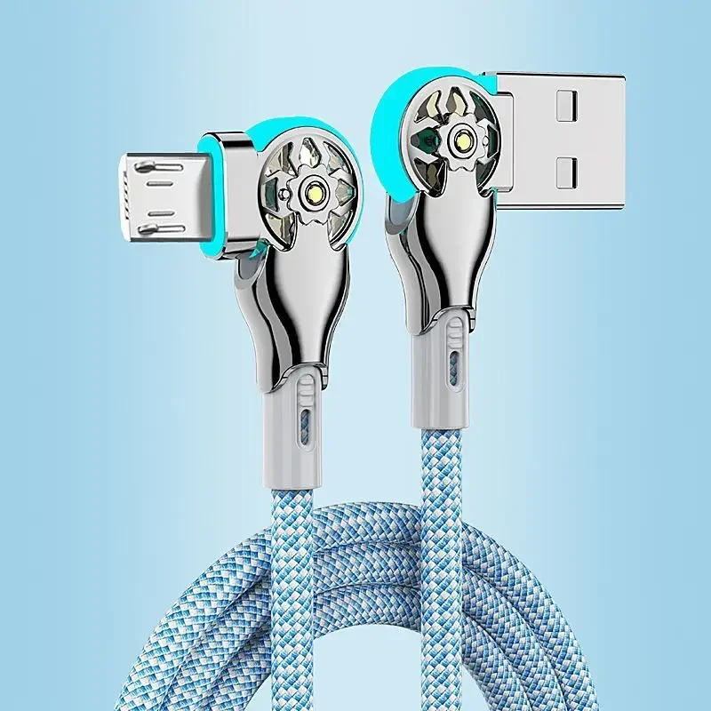 180 Rotatable Fast Charge Cable USB A to Type C Zinc Alloy Braided Cord 3A Data Transfer LED Light for Car Charger Use
