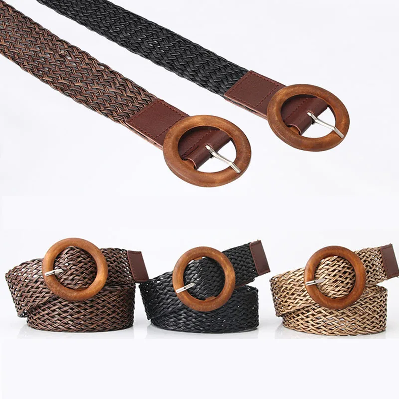 

Vintage Braided Waist Belt With Round Wooden Buckle For Women Bohimia Style Adjustable Waistband Coat Dress Trouser Decor Belt