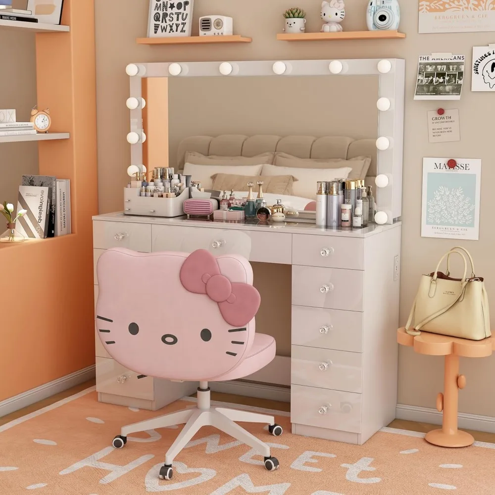 Vanity Desk with Power Outlet, Makeup Vanity with Mirror and 14 LED Light, 3 Lighting Modes,11 Drawer Vanity Table with Sl 3