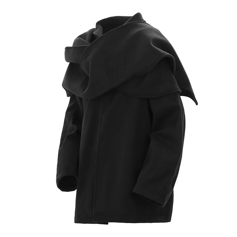 Autumn Winter Hip Hop Punk Scarf Collar Techwear Jacket Woolen Coat Men Vintage Casual Woolen Outerwear 6