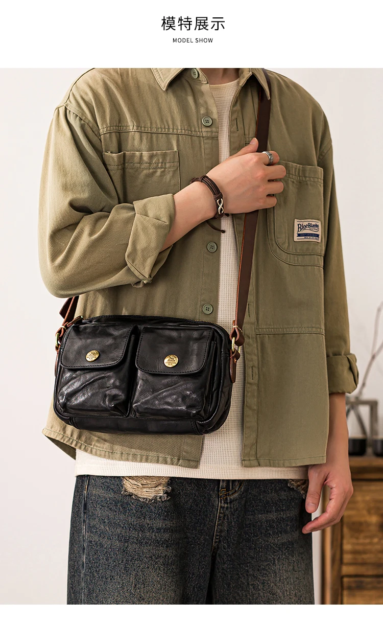 Lässige handgefertigte Herren-Umhängetasche aus pflanzlich gegerbtem Leder mit mehreren Taschen, modische Wochenendparty-Umhängetasche aus echtem Leder – Detail 6