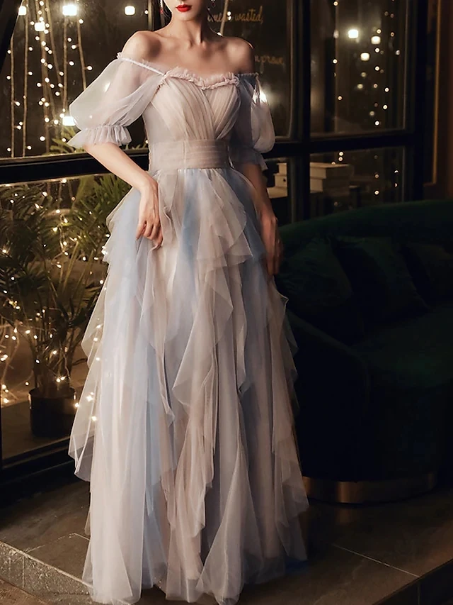 

A-Line Color Block Elegant Wedding Guest Prom Birthday Dress Half Sleeve Floor Length Tulle with Pleats Ruffles