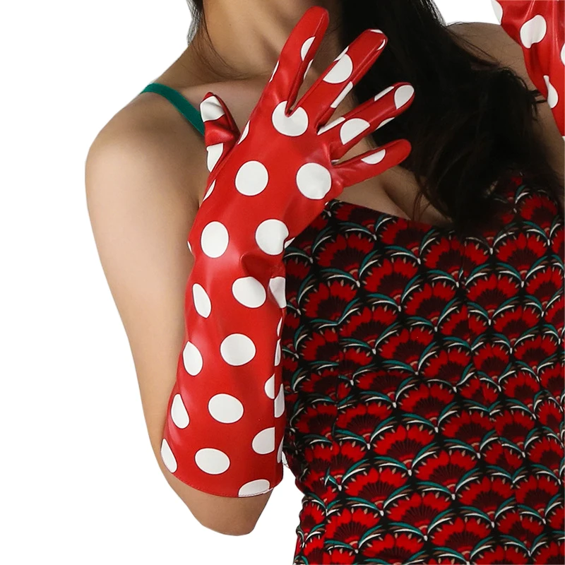 

Leather Gloves Female 40cm Faux Sheepskin PU Big Dots Mid-Length Style Women Gloves Red Nightclub Party Cosplay