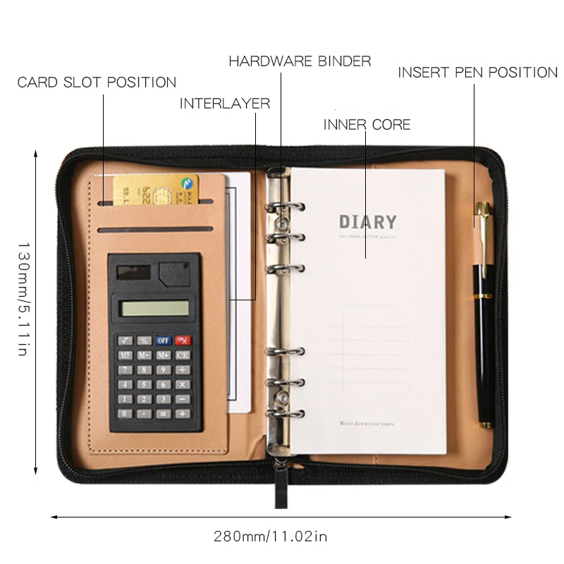 Portable Leather A6 Binder Budget Planner Notebook Pockets Zipper Bags Caculator 6 Hole Binder Covers Folder for School Office