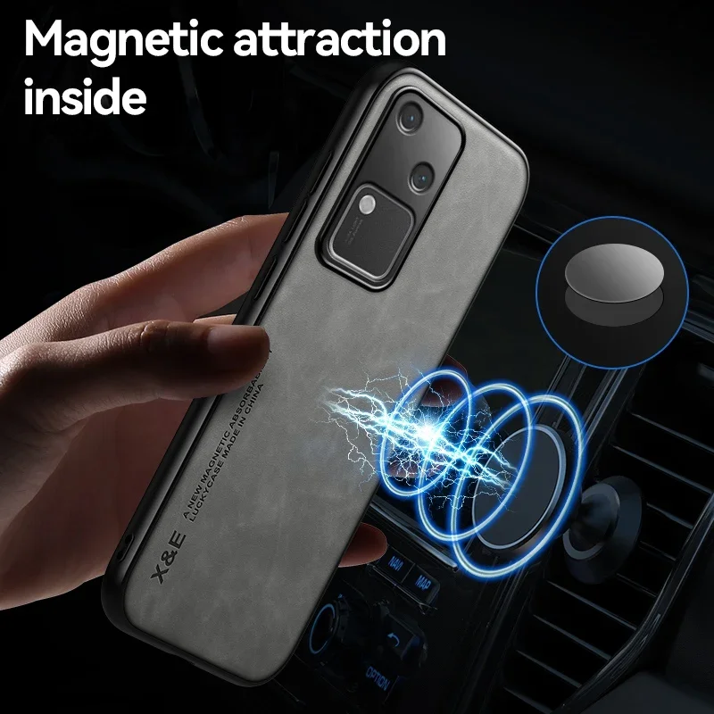 Luxury Leather Phone Case with Metal Plate Support and Car Mount Functionality