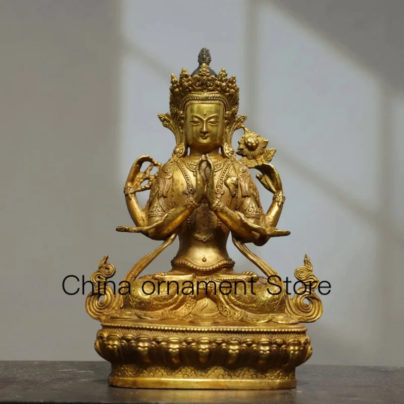 

22cm Nepalese Tibetan Pure Copper Gilded Four Arm Avalokitesvara Bodhisattva Decoration Home Buddhist Hall Articles