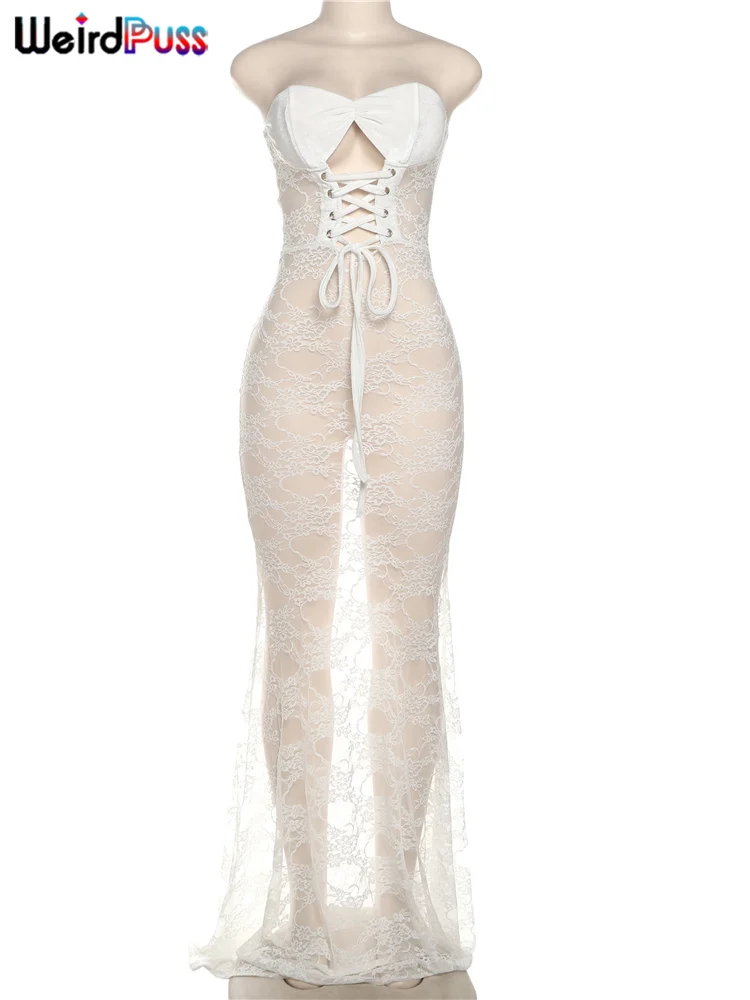 Weird Puss Sexy Party Dress Women Mesh Patchwork Strapless Shirring Hollow Coquette Banquet Elegant Summer Trend Maxi Bodycon 6