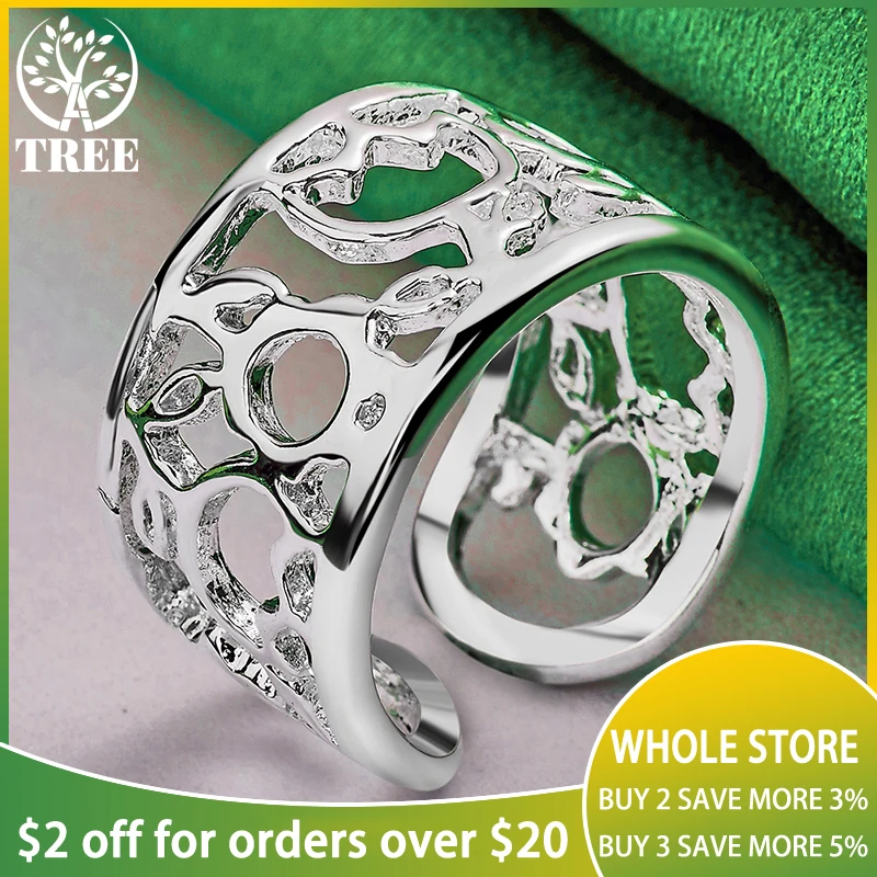 Alitree 925 Sterling Silver Geometric Hollow Pattern Wide Ring For Women Rings Fashion Party Birthday Christmas Wedding Jewelry