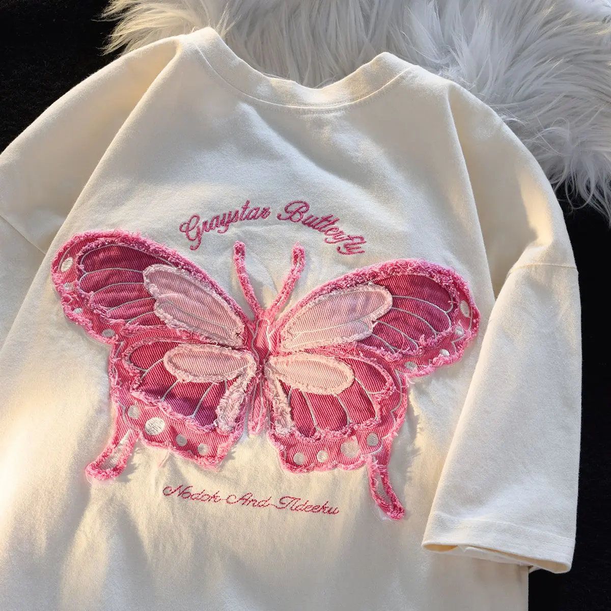 Camiseta-de-manga-corta-con-bordado-de-mariposa-para-mujer-ropa-de ...