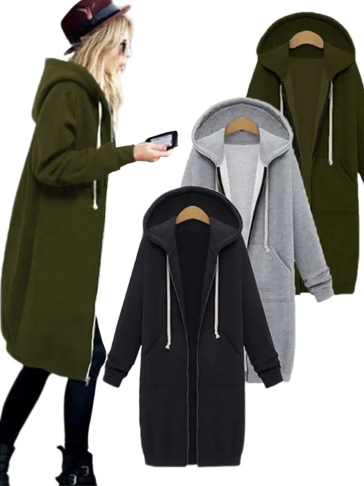 2023 Autumn Winter Women Solid Color Coat Zip Up Outerwears Hooded Jacket Long Hoodies Sweatshirt Pockets Casual Outwear Tops