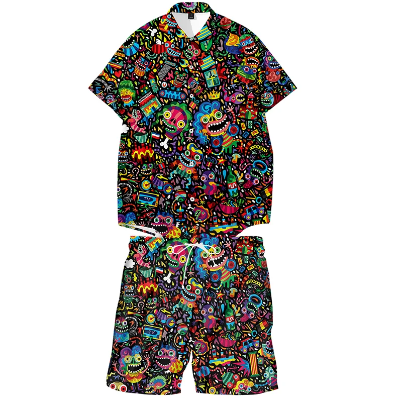 Psychedelic Graffiti Anime Summer Polo Short Sleeve T-shirts Two Piece Set Tracksuit Men's Sets Clothes Plus Size Dropship 4XL