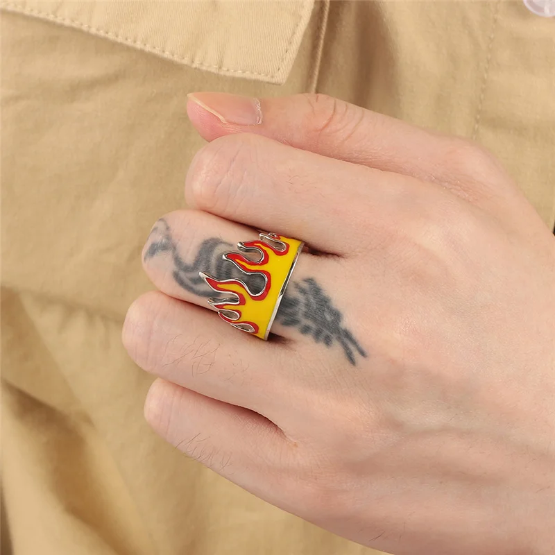 Demon Slayer Yellow Enamel Fire Flame Ring For Men Finger Ring