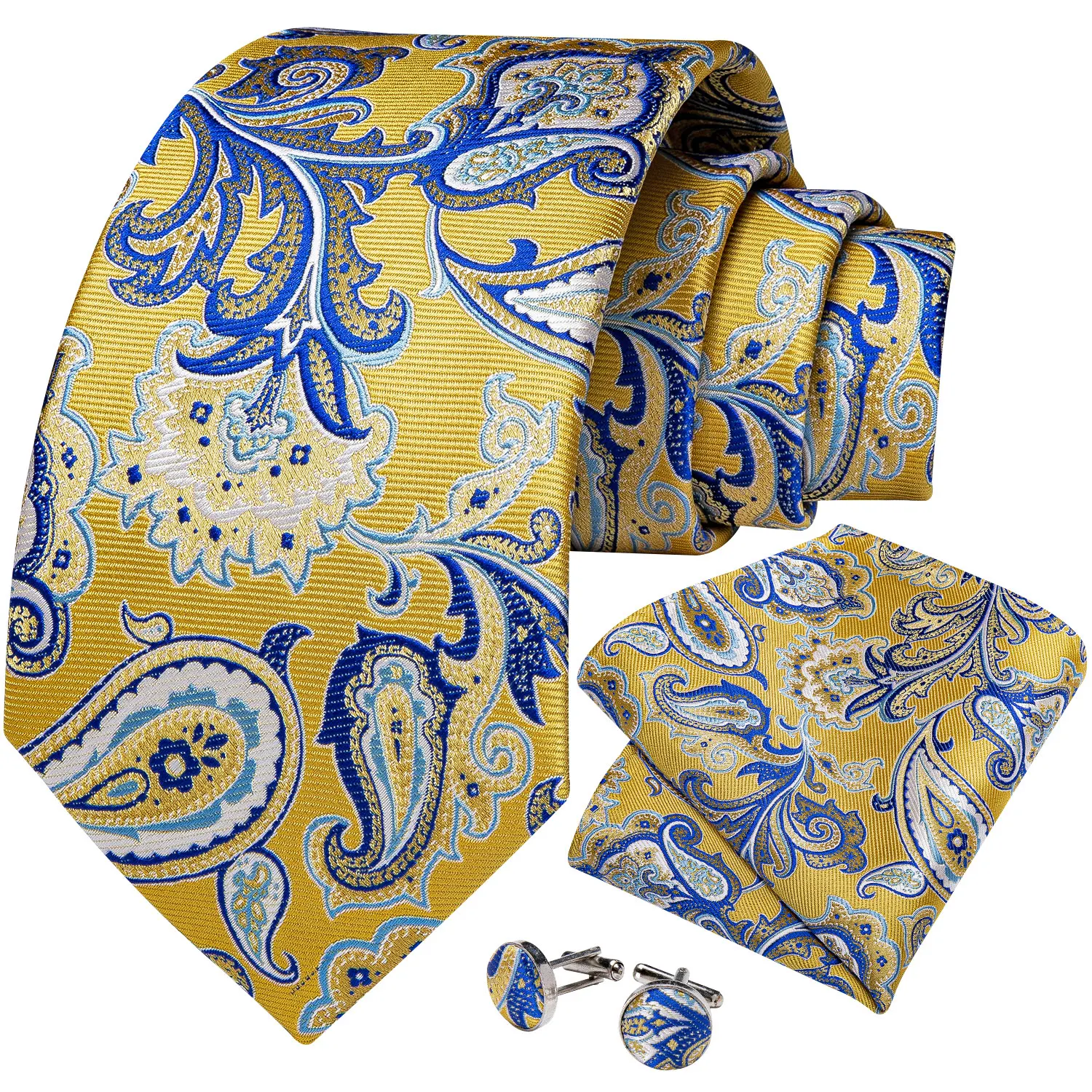 DiBanGu Mens Necktie Gold Yellow Blue Paisley Silk Wedding Tie For Men Tie Hanky Cufflink Set Business Party neck tie