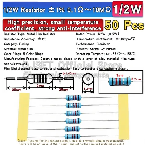 50pcs 1/2W Metal Film Resistors 1% 0.5W 10R 15R 47 100 200 220 470 510 Ohm 1K 2.2K 4.7K 10K 47K 100k 200k 220k 510k 470k 1M Ohms - Image 2