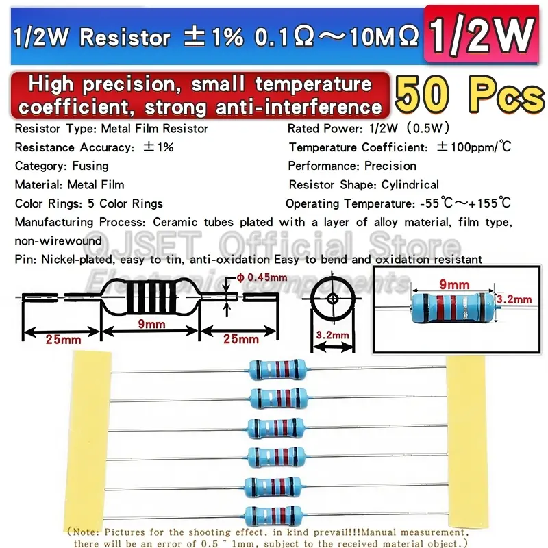50pcs 1/2W Metal Film Resistors 1% 0.5W 10R 15R 47 100 200 220 470 510 Ohm 1K 2.2K 4.7K 10K 47K 100k 200k 220k 510k 470k 1M Ohms - Image 2