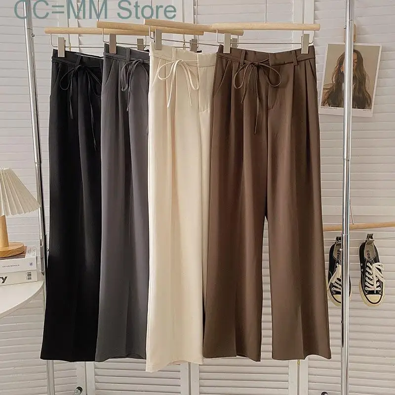 New Lace Up High Waisted Pants Women Fashion Chic Straight Wide Leg Trousers Casual Elegant Ladies Black Suits Pants