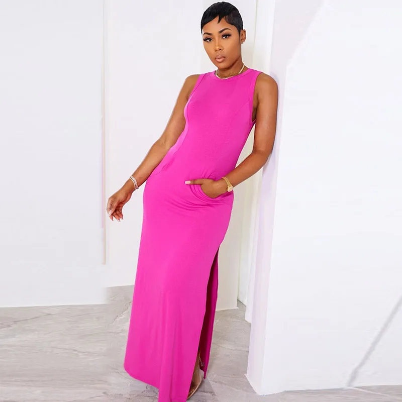 

Solid Cotton Basic Tank Summer Dress Women Sleeveless Side Split Bodycon Maxi Dress with Pockets Vestidos De Verano Para Mujer