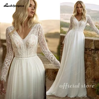Lakshmigown Plunging Boho Wedding Dress Long Sleeve Lace Bodice Chiffon V Neck Customized Beach Bridal Gown robe mariée 1