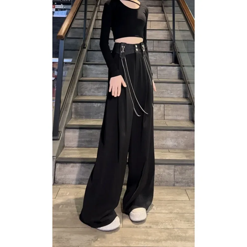 2023 Summer New Wide Legged Pants Women's Denim Spliced Lace up Chain High Waist Draping Floor Dragging Straight Leg Pants