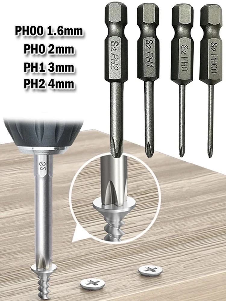 

4Pcs 50mm Cross Screwdriver Bits 1/4Inch Hex Shank Electric Screwdriver Bit Alloy Steel Magnetic Screw Drive Hand Tools PH00 PH1