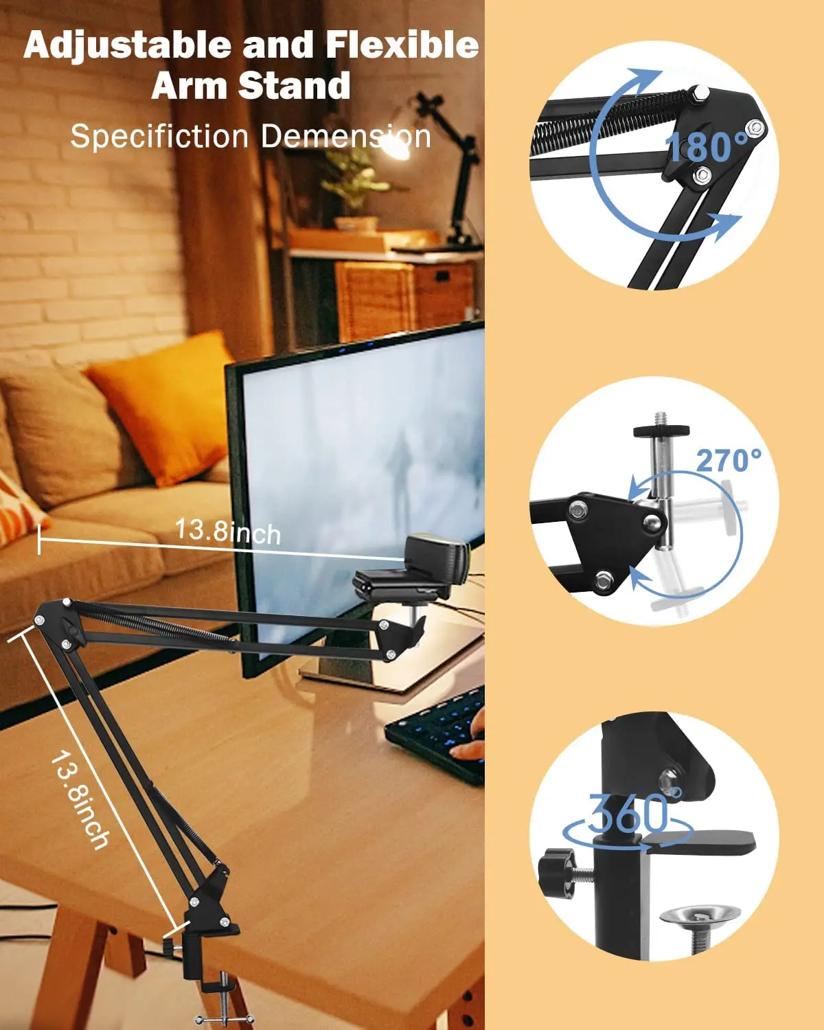 Phone Tripod, Photo Tripod 1/4" Screw Camera Phone tripod Table Stand Set Overhead Shot Photography Adjustable Arm stand for Phone Camera Ring Light Lamp